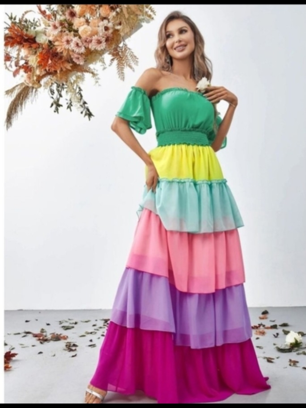 Faeriesty Multi-Color Tiered Off-Shoulder Ruffle Maxi Dress